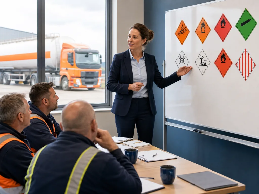 ADR driver training instructor explaining dangerous goods hazard symbols to commercial drivers